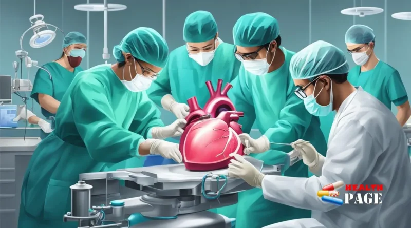 Medical illustration showing open heart surgery and the human heart.