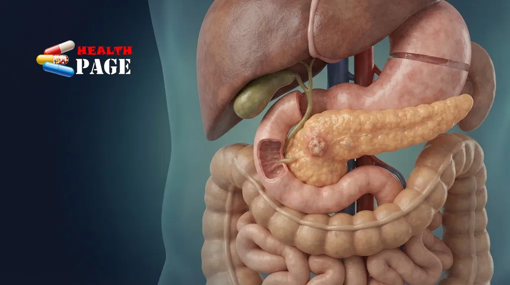 Medical illustration of the pancreas highlighting a tumour associated with pancreatic cancer.