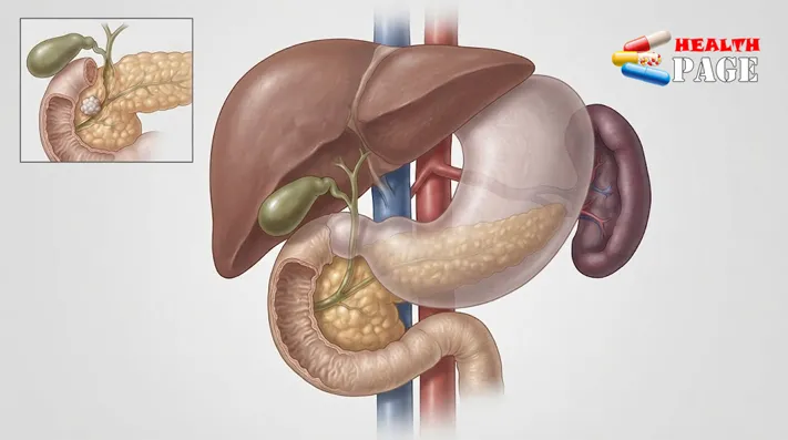 Medical illustration showing the pancreas, surrounding abdominal organs, and the nearby bile duct.