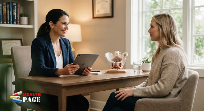 Gynecologist and patient talking through treatment options at a desk with a pelvic anatomical model