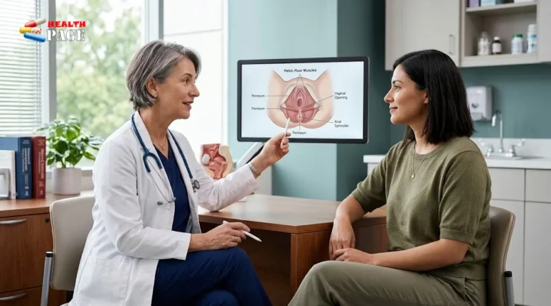 Female gynecologist explaining perineoplasty and perineal anatomy to a patient.
