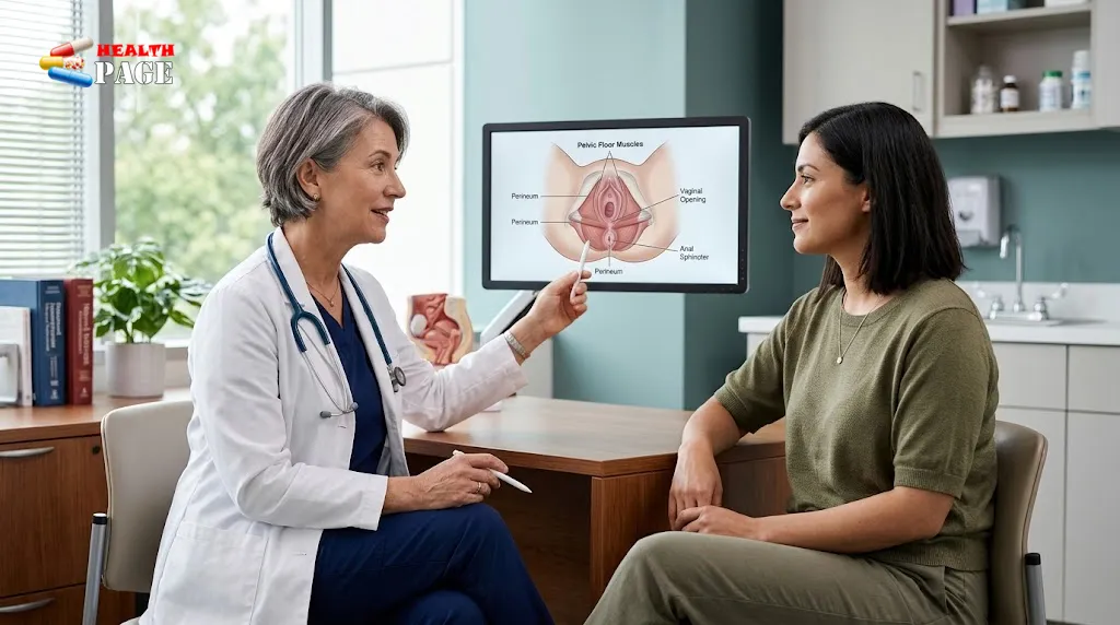 Female gynecologist explaining perineoplasty and perineal anatomy to a patient.