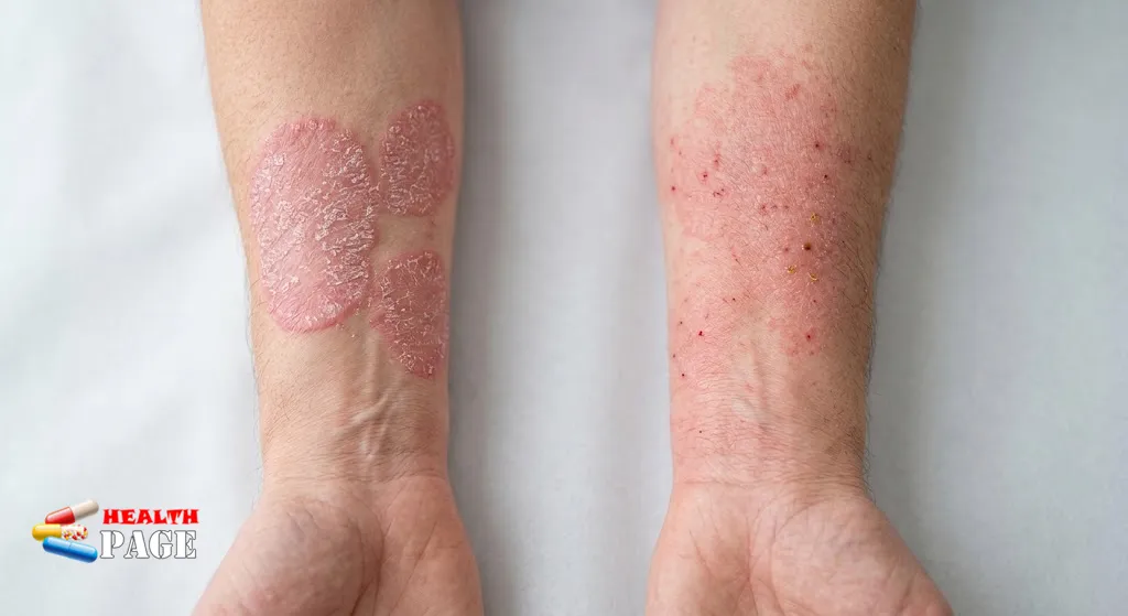 Two forearms side by side, one with thick well-defined psoriasis plaques covered in silvery scale and one with dry, poorly defined, inflamed eczema patches