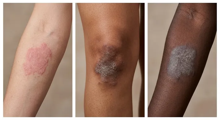 Three close-up skin panels showing inflamed, scaly patches on light, medium brown and deep brown skin, illustrating how redness and scale vary by skin tone