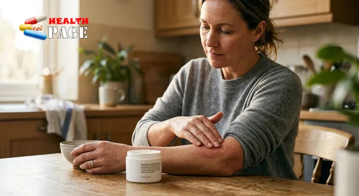 Adult applying plain moisturiser to dry, slightly red skin on the inner elbow at a kitchen table
