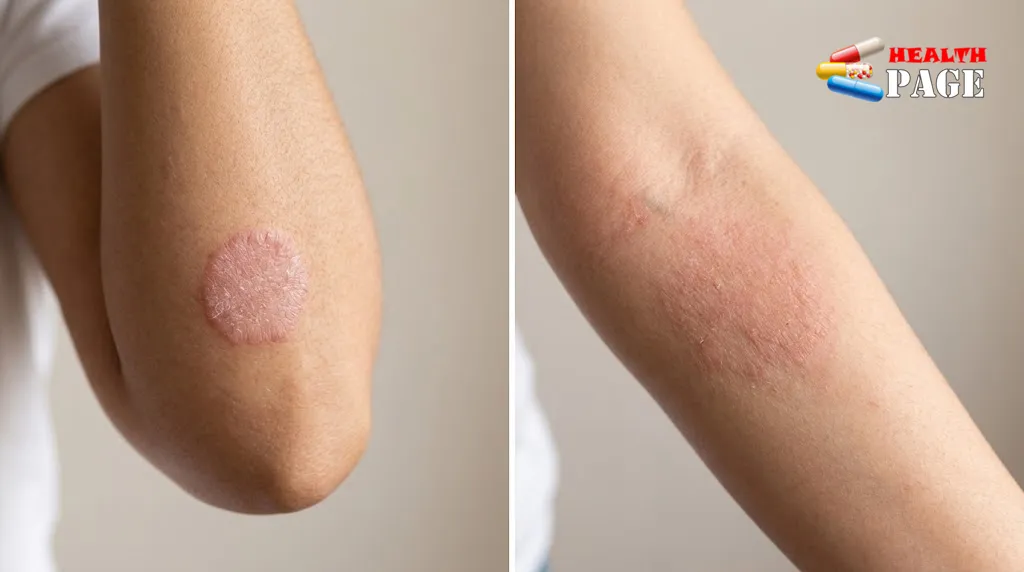 Comparison of typical psoriasis and eczema skin patches on the arms.