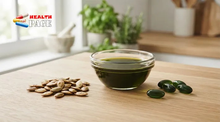 Pumpkin seeds, green pumpkin seed oil and plain softgel capsules arranged on a light surface.