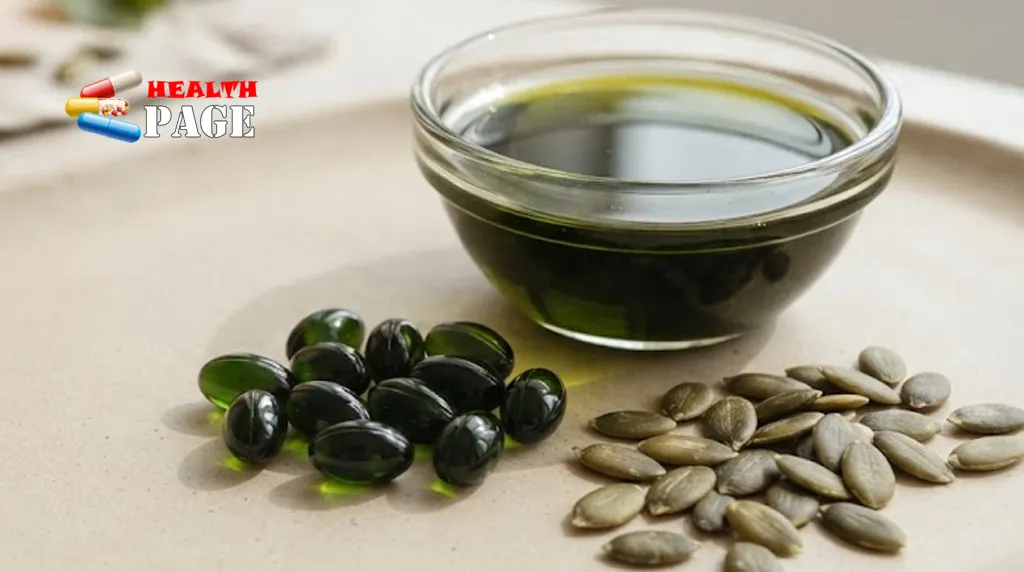 Pumpkin seed oil, green softgel capsules and pumpkin seeds arranged together.