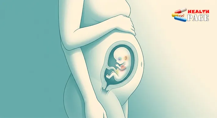 Illustration of a pregnant woman’s torso in profile with a translucent uterus showing an early embryo and highlighted areas where the heart, eyes and ears develop