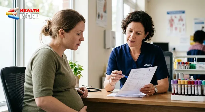 Pregnant woman and a midwife reviewing a printed blood test report together at a clinic desk