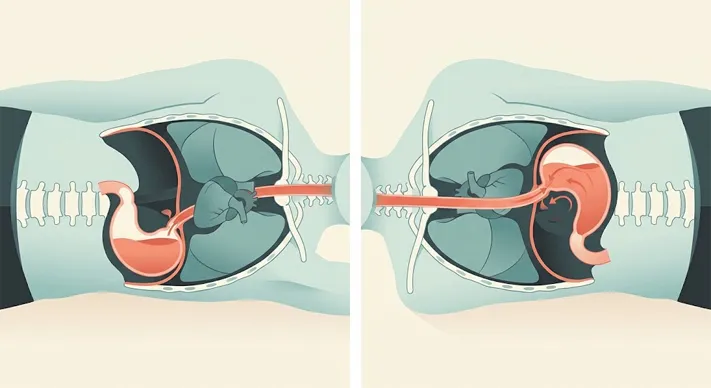 Side-by-side illustration of the stomach in a person lying on the left and right sides, with stomach fluid pooling away from the esophageal opening on the left and against it on the right.