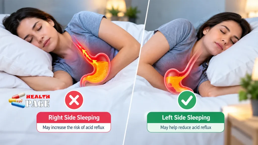 Woman sleeping on her right side versus left side, illustrating how left-side sleeping may help reduce acid reflux.