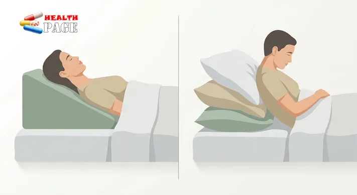 Side-view illustration comparing a person on a foam wedge with a smooth incline from waist to head against a person on stacked pillows with a bent neck.