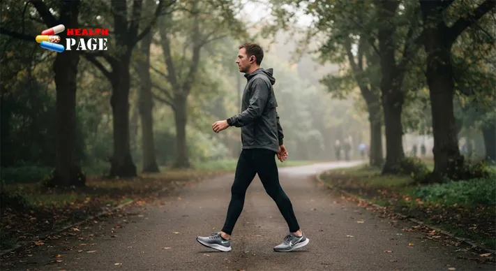 Adult walking briskly on a paved park path in morning light with a smartwatch on their wrist