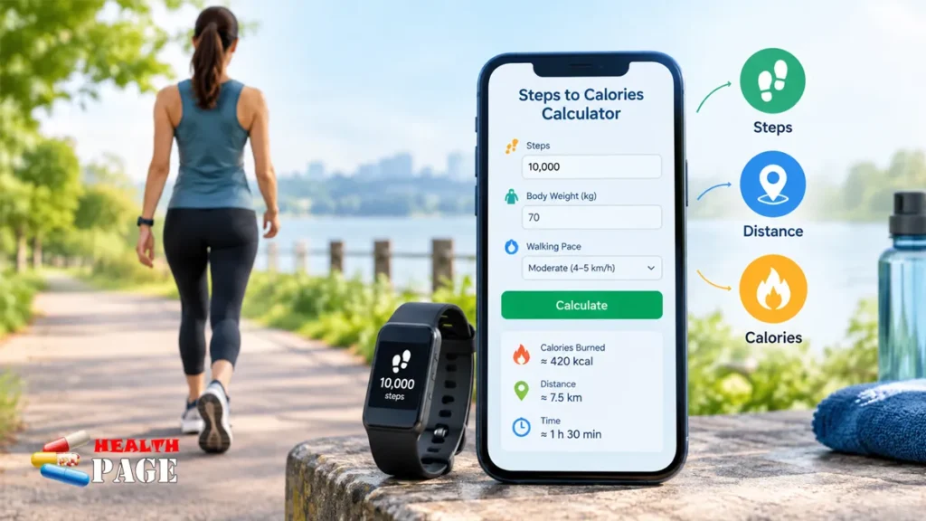 Steps to calories calculator estimating calories burned, walking distance, and time for 10,000 steps.