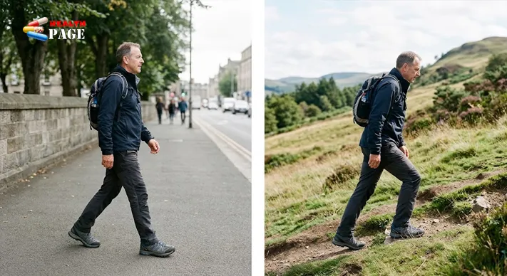 Same walker shown on a flat pavement on the left and a gentle grassy hill trail on the right