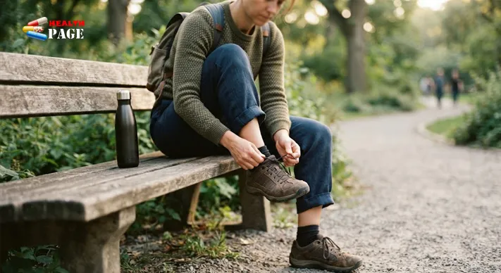 Person lacing walking shoes on a park bench beside a water bottle with a gravel path behind them