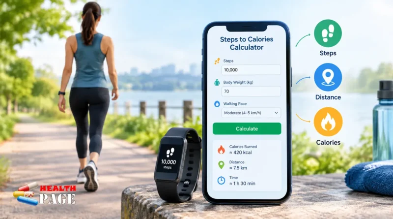 Steps to calories calculator estimating calories burned, walking distance, and time for 10,000 steps.