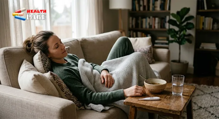 Adult resting on a sofa under a blanket with a glass of water and a thermometer on the table beside them