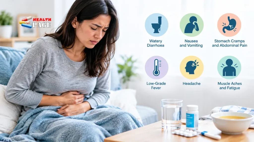Common stomach flu symptoms include diarrhoea, nausea, vomiting, abdominal cramps, fever, headache, and fatigue.