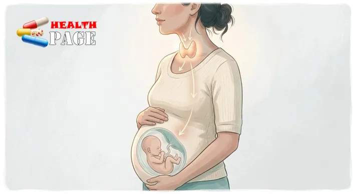 Illustration of a pregnant woman in profile with the thyroid gland highlighted in her neck and arrows pointing towards the baby in the womb