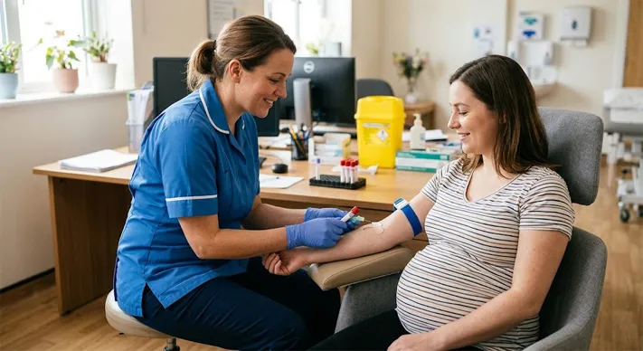 A midwife taking a blood sample from a seated pregnant woman’s arm in a bright antenatal clinic
