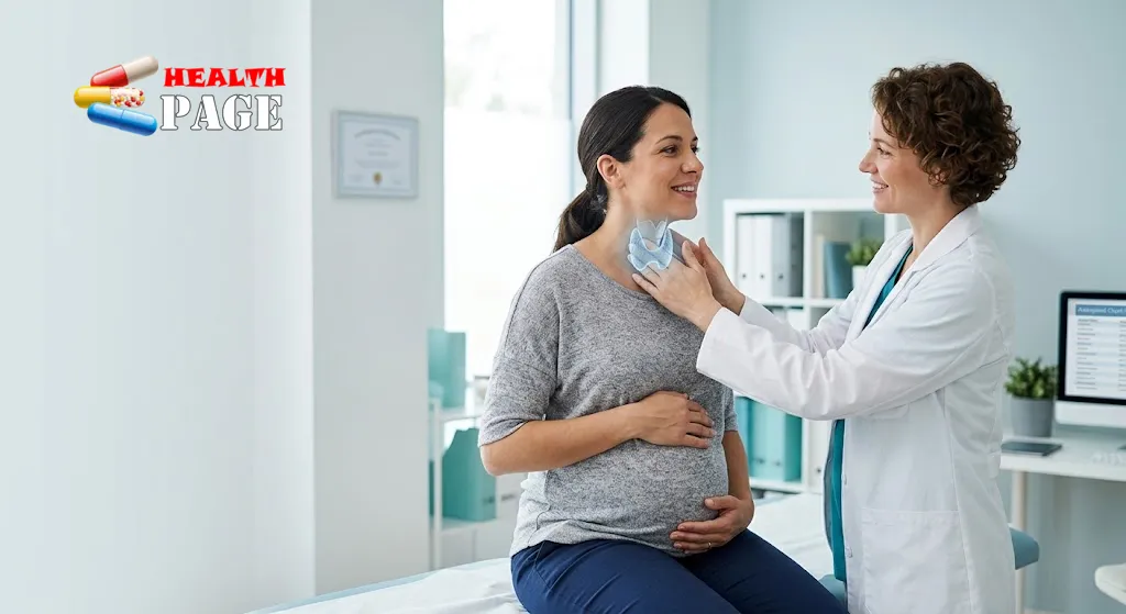 Pregnant woman receiving a thyroid examination from a healthcare professional.