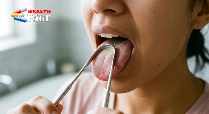 Stainless steel U-shaped tongue scraper being drawn forward across the middle of an extended tongue, with a thin film of coating visible on the scraper edge