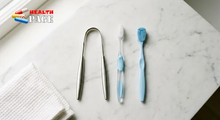 Stainless steel tongue scraper, manual toothbrush and soft-nubbed tongue brush arranged side by side on a light marble bathroom counter