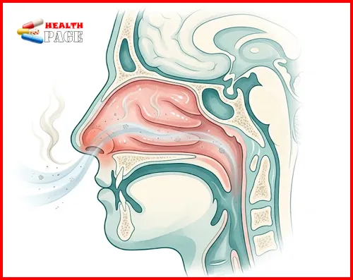 Illustration of a cross-section of the nose showing inhaled air carrying dust and smoke particles across the moist nasal lining, with the irritated area tinted red