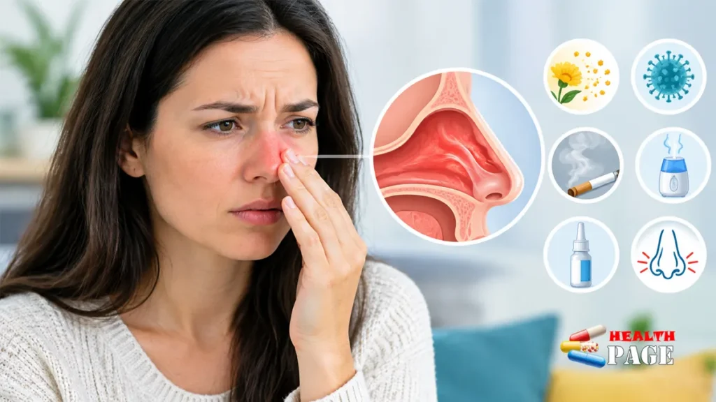 Woman experiencing a burning nose, with a medical illustration showing nasal irritation and possible causes.