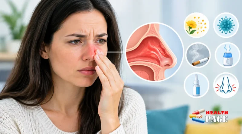 Woman experiencing a burning nose, with a medical illustration showing nasal irritation and possible causes.
