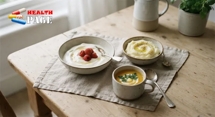 Bowls of yoghurt, mashed potato and soup on a wooden table, examples of soft foods that avoid pressure on a sore tooth