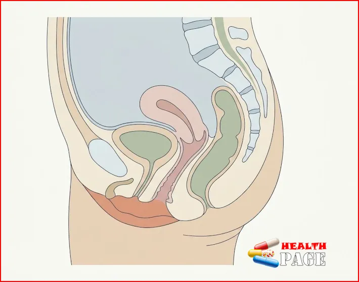 Simple anatomical illustration of the female pelvis with the internal vaginal canal and the external vulva shown in two different colours