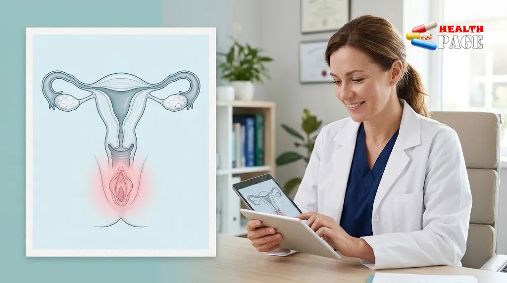 Medical illustration of female reproductive anatomy alongside a doctor discussing vaginal itching and women's intimate health.